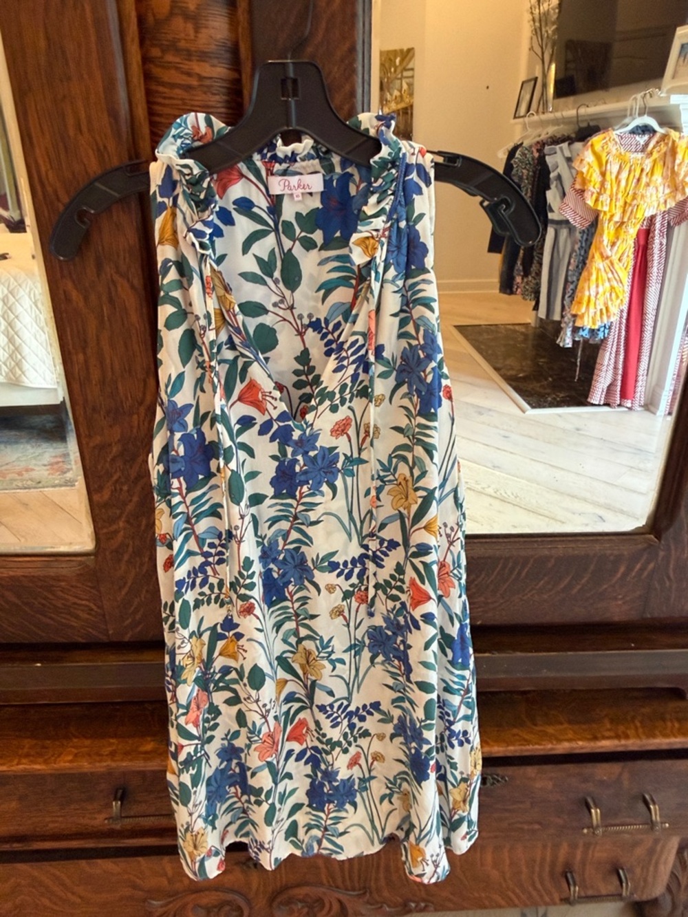 Parker Floral Sleeveless V-Neck Dress in Blue, Green & Cream